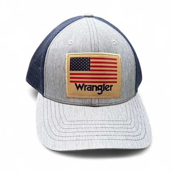 Wrangler Navy Blue and Gray Trucker Hat With Embroidered American Flag Patch - Picture 1 of 6